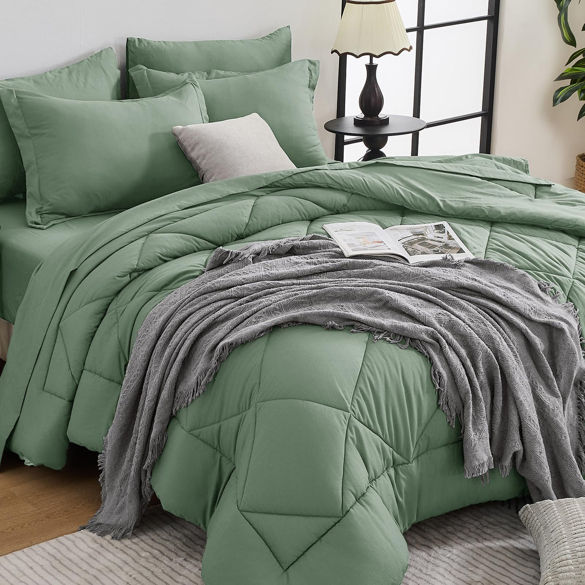 HEVUMYI 7-Piece Queen Comforter Set, Dark Grey Bed in a Bag