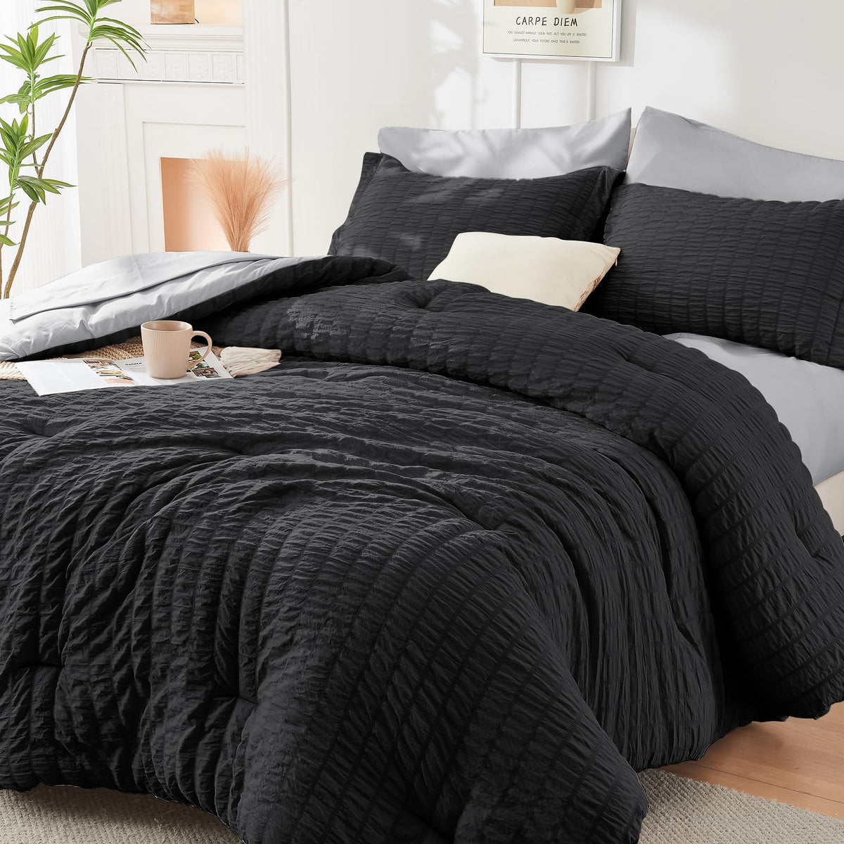 HYMOKEGE Full Size Comforter Sets Seersucker 7 Pieces, All Season Luxury Bed in a Bag for Bedroom, Bedding Set with Comforters, Sheets, Pillowcases & Shams, Dark Grey