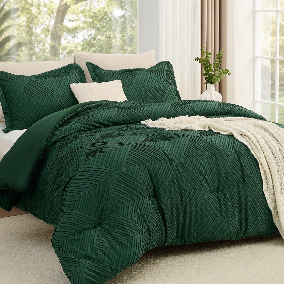 JOLLYVOGUE Twin/Twin XL Comforter Set, Boho Tufted 2PCS Bed Set, Green