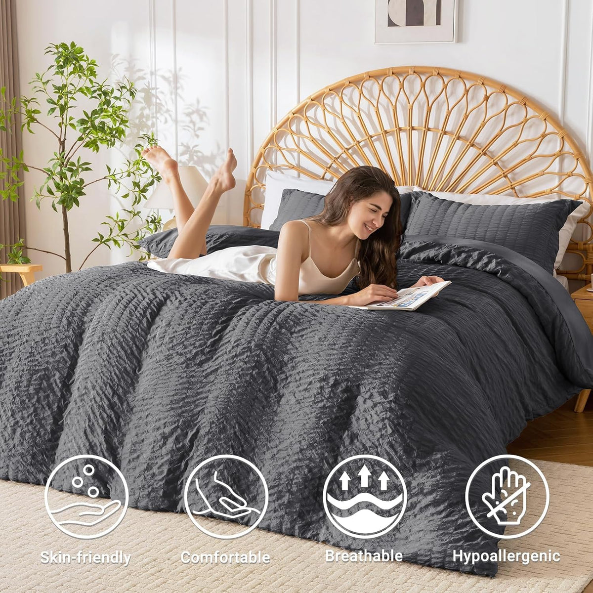 Duvet Cover Queen Size, Seersucker Bedding Set, 3 Pieces, Dark Grey