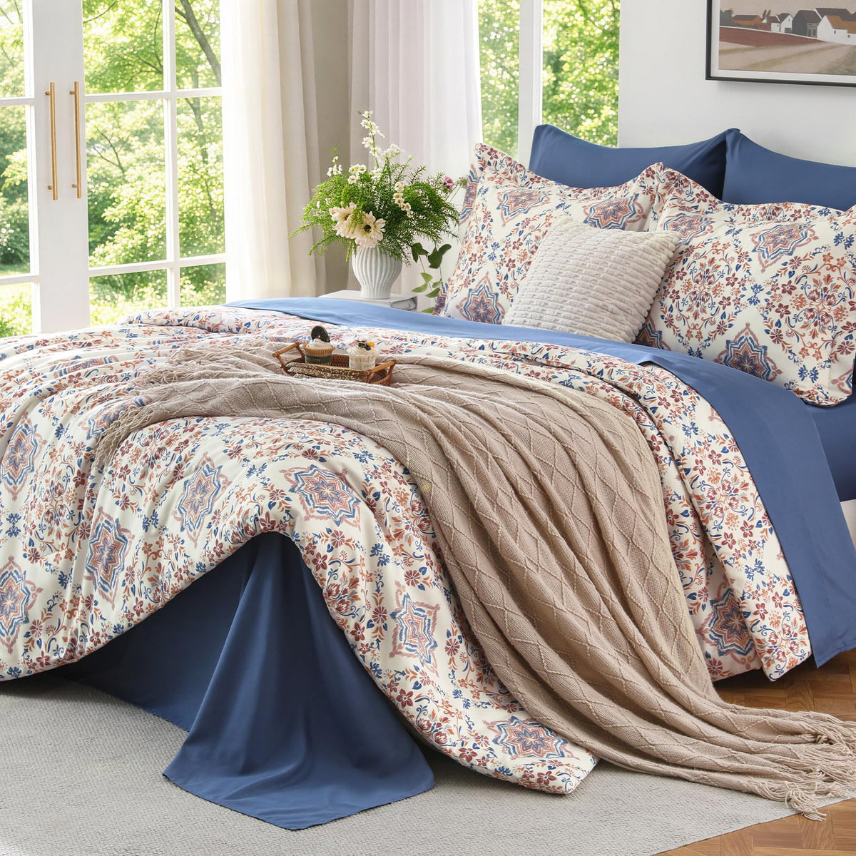 MUXHOMO Twin XL Comforter Set, 7-Piece Floral Bed in a Bag, Sage Green