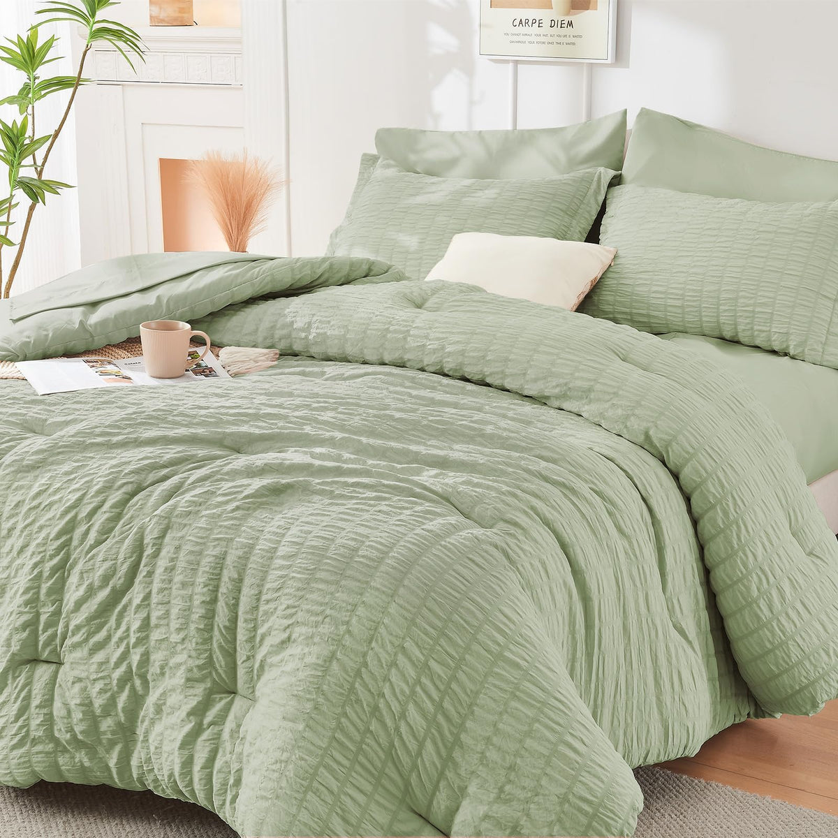 HYMOKEGE Full Size Comforter Sets Seersucker 7 Pieces, All Season Luxury Bed in a Bag for Bedroom, Bedding Set with Comforters, Sheets, Pillowcases & Shams, Dark Grey