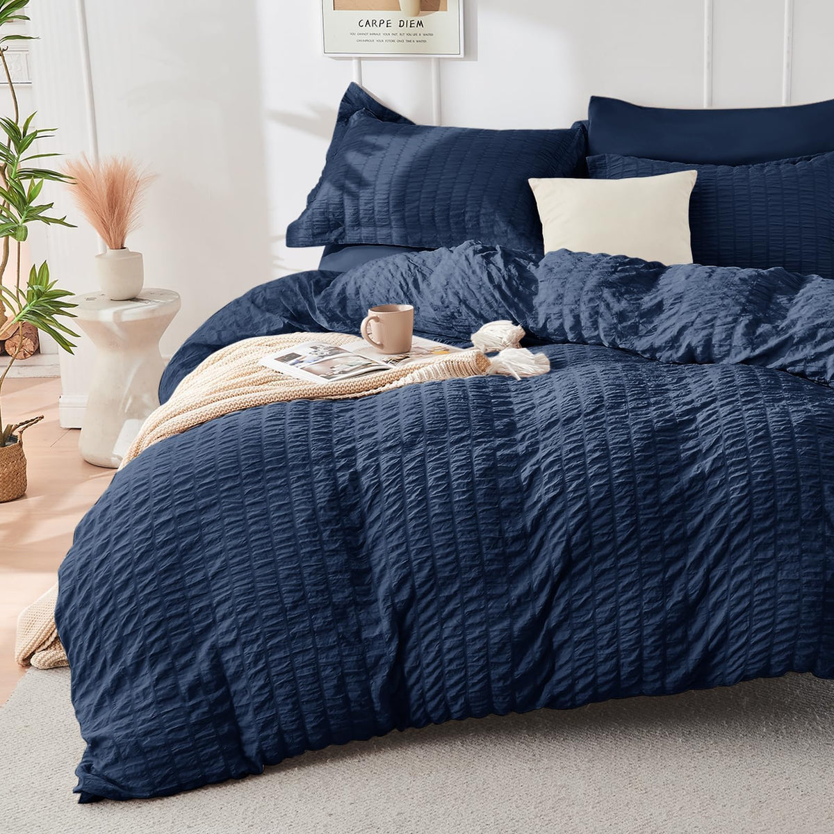 Duvet Cover Queen Size, Seersucker Bedding Set, 3 Pieces, Dark Grey
