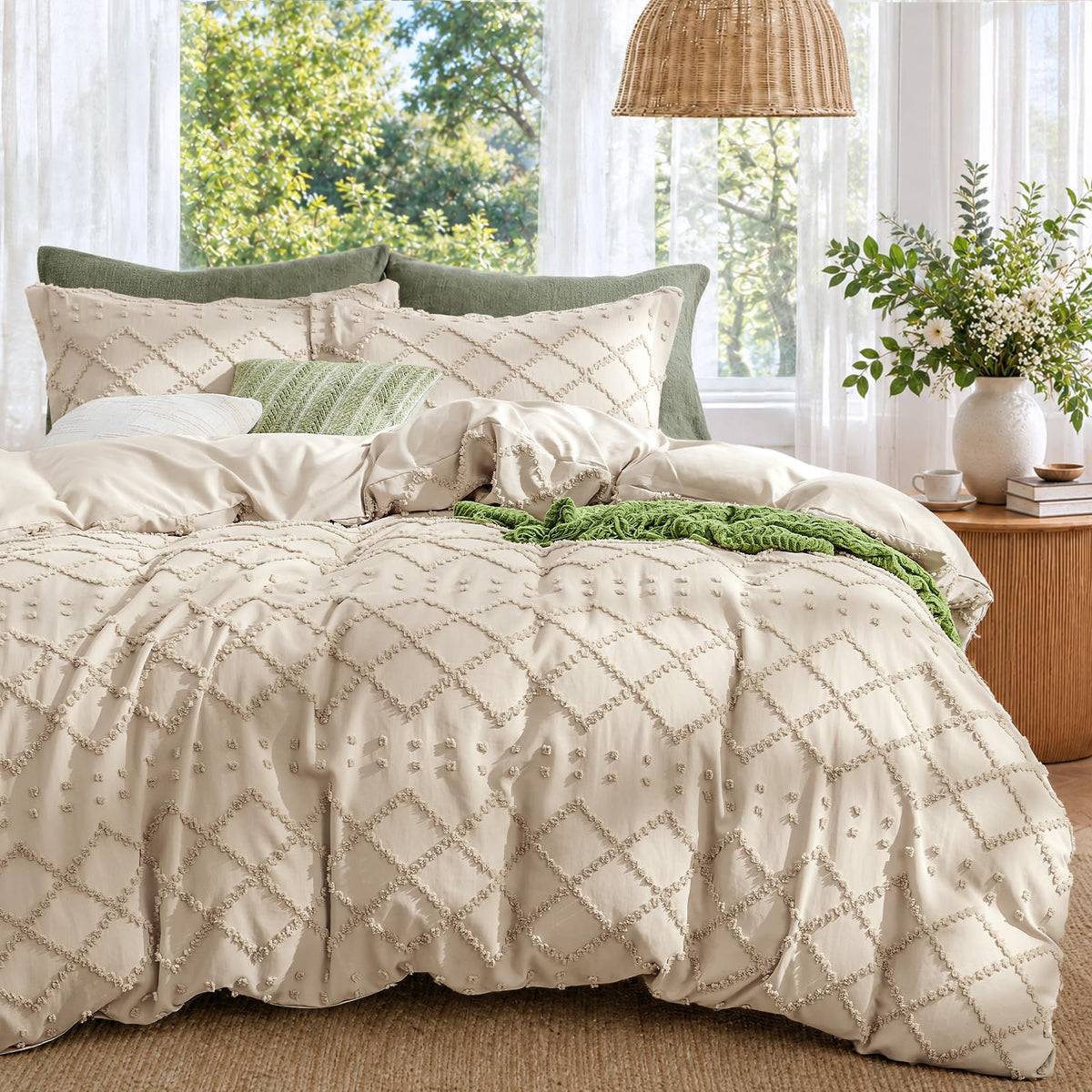 Boho Duvet Cover Set Queen Size, Tufted Embroidery Bedding, 3 PCS, Beige