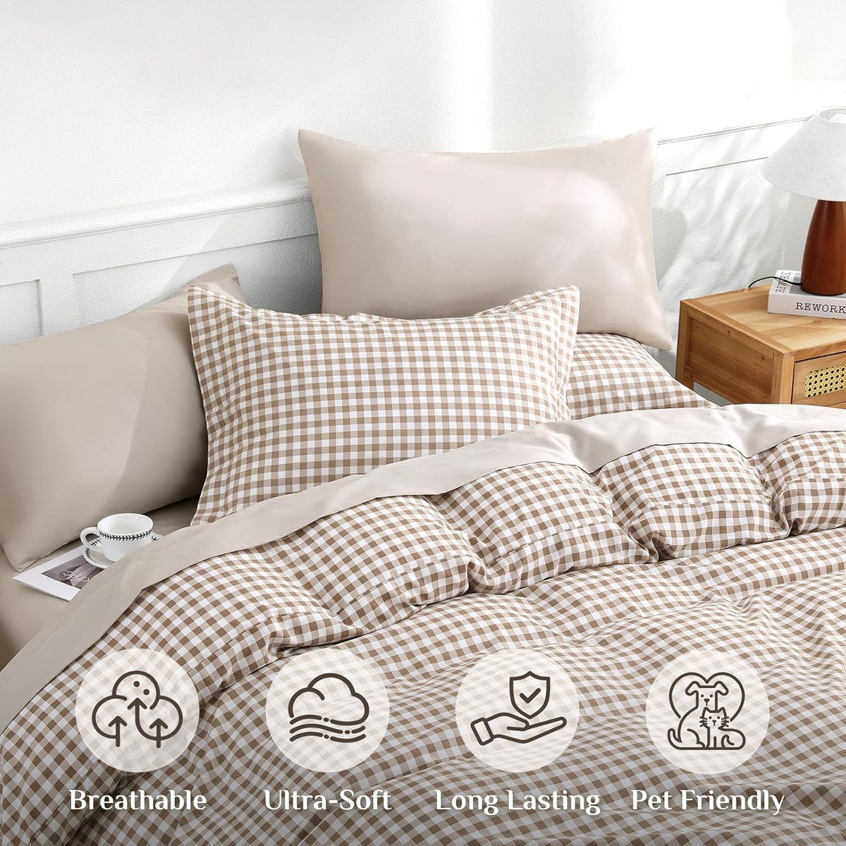 JOLLYVOGUE Brown Queen Comforter Set, 7 Pieces Gingham Bed in a Bag