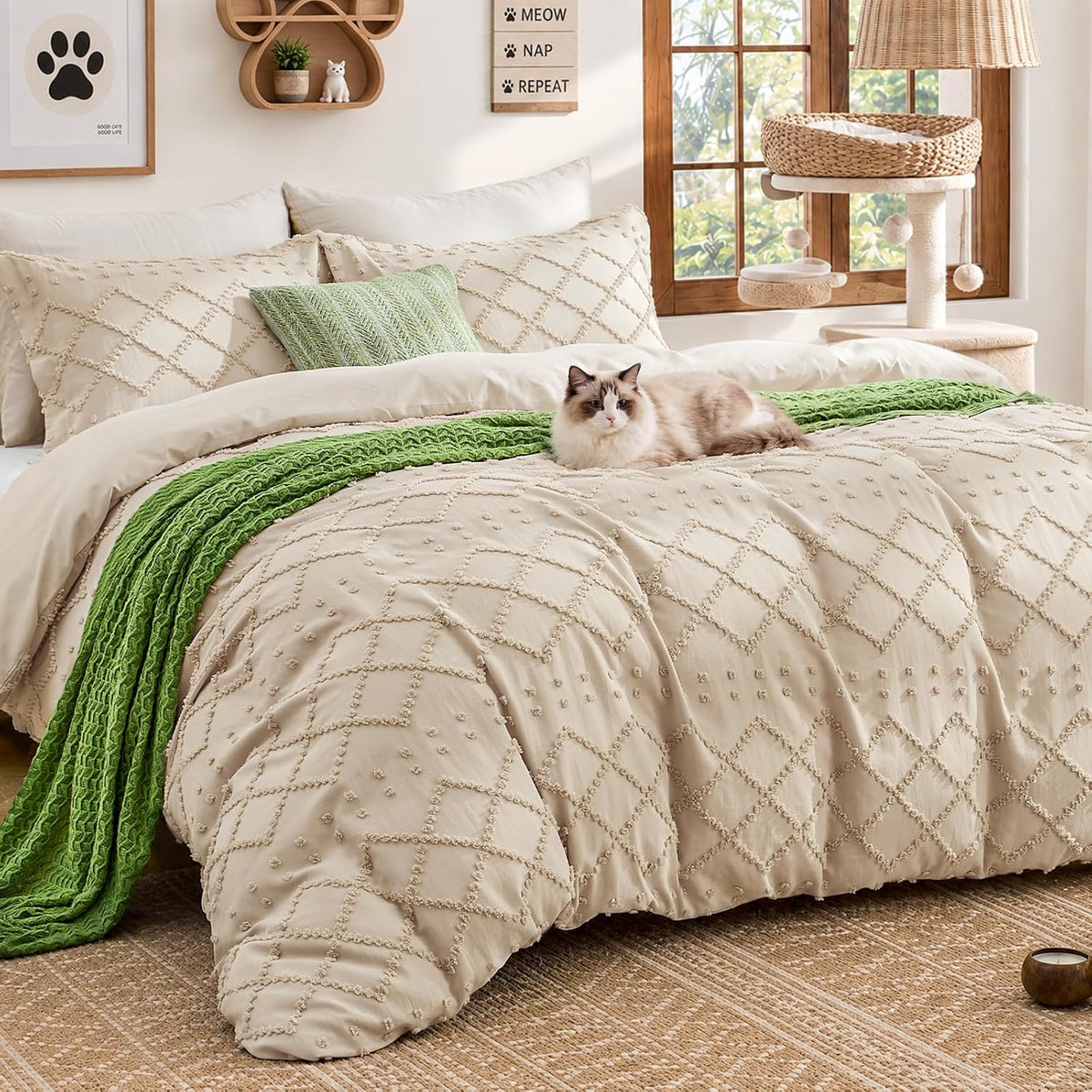 Boho Duvet Cover Set Queen Size, Tufted Embroidery Bedding, 3 PCS, Beige