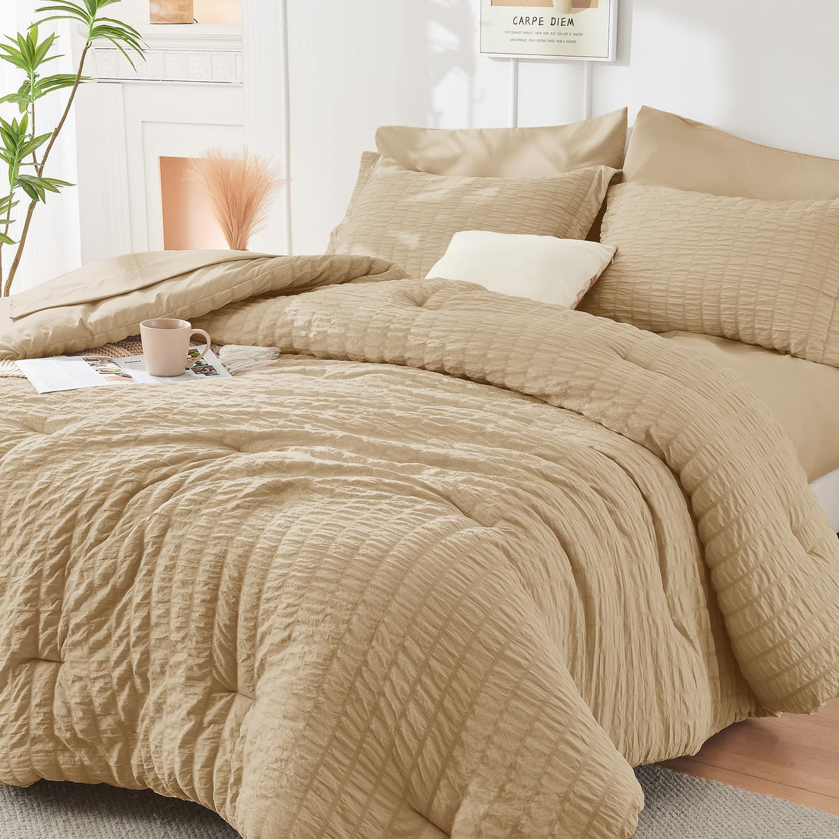 HYMOKEGE Full Size Comforter Sets Seersucker 7 Pieces, All Season Luxury Bed in a Bag for Bedroom, Bedding Set with Comforters, Sheets, Pillowcases & Shams, Dark Grey