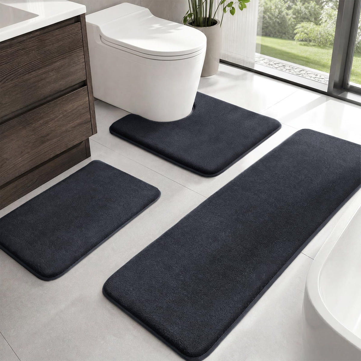 HUXMEYSON Bathroom Rugs Sets 3 Piece, Non-Slip & Quick Dry Bath Mat Set, Ultra Soft Velvet Bath Rugs for Bathroom, Toilet and Shower Floor, Grey