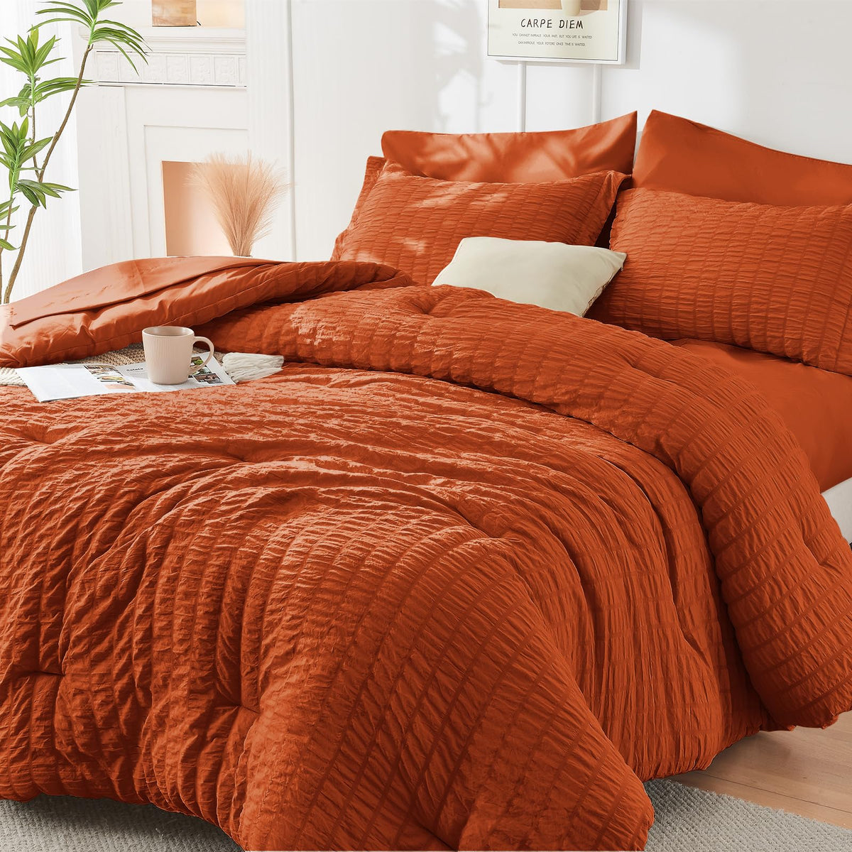 HYMOKEGE Full Size Comforter Sets Seersucker 7 Pieces, All Season Luxury Bed in a Bag for Bedroom, Bedding Set with Comforters, Sheets, Pillowcases & Shams, Dark Grey