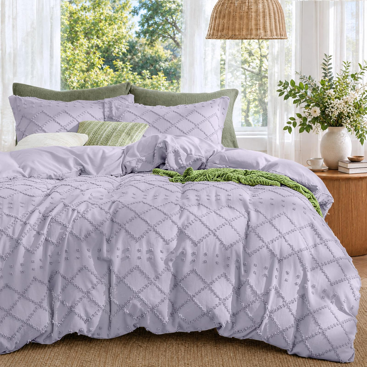 Boho Duvet Cover Set Queen Size, Tufted Embroidery Bedding, 3 PCS, Beige