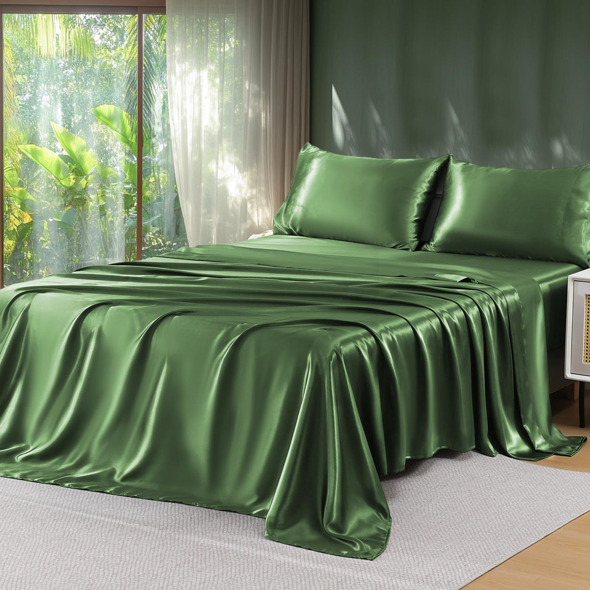 Sasttie Satin Sheets Black Queen Size - 4 Pieces Luxury Soft Black Silky Bed Sheets Set with Pillowcases - Smooth Silk-Like Satin Fwabric, Reinforced 14 Inches Pocket, Oeko-Tex Certified
