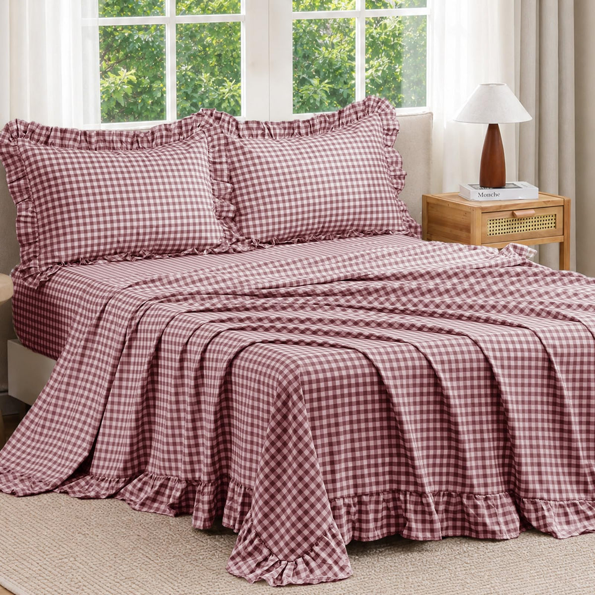 JOLLYVOGUE Beige Gingham Sheet Set Full, 4-Piece Ruffle Bedding