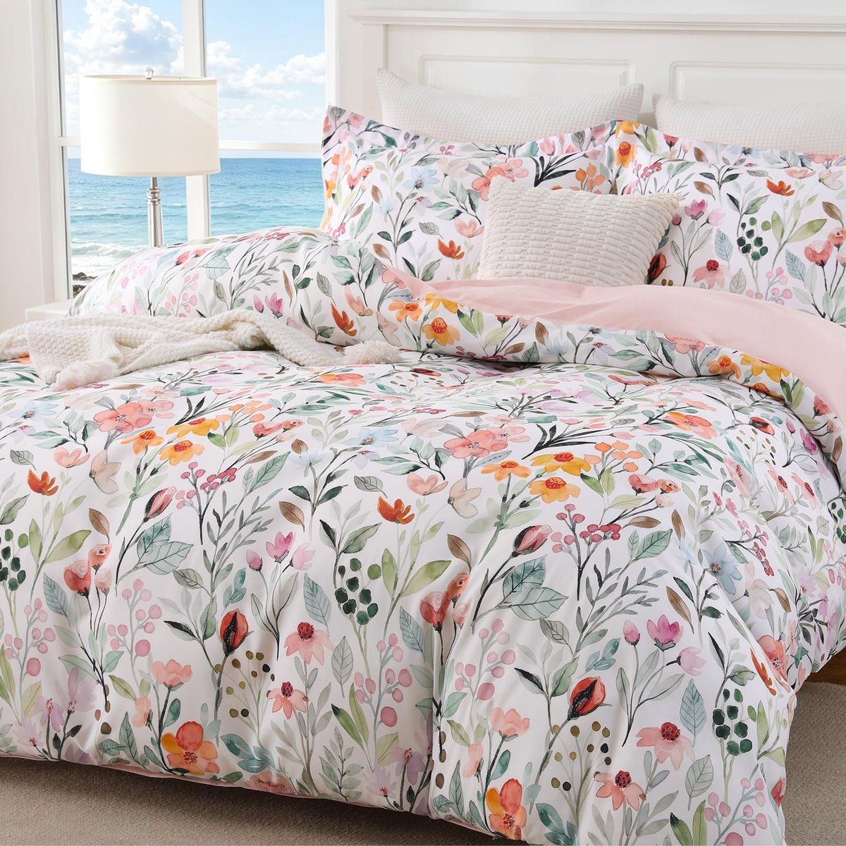 JOLLYVOGUE Floral Duvet Cover Full, 3Pcs Reversible Beige Duvet Cover Set