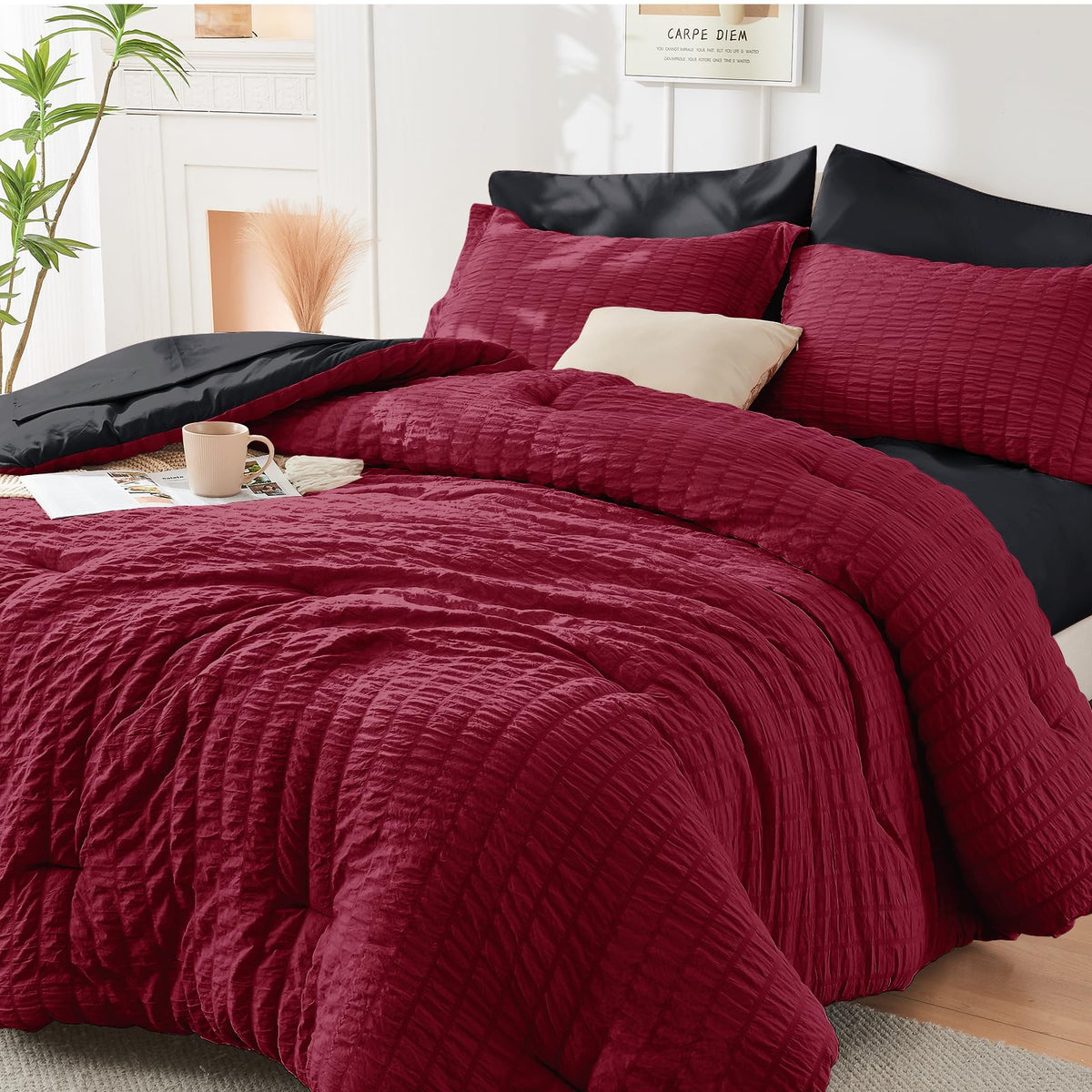 HYMOKEGE Full Size Comforter Sets Seersucker 7 Pieces, All Season Luxury Bed in a Bag for Bedroom, Bedding Set with Comforters, Sheets, Pillowcases & Shams, Dark Grey