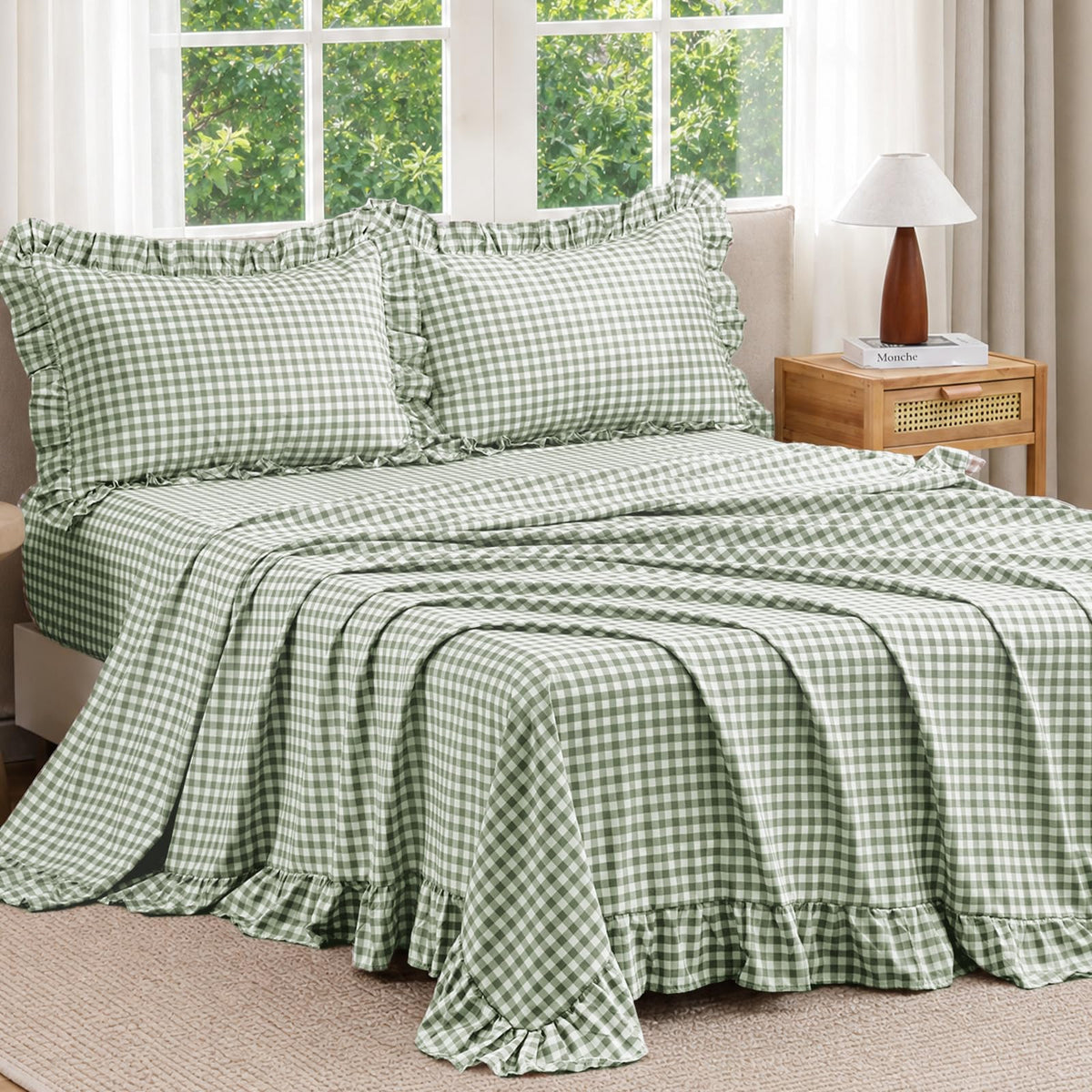 JOLLYVOGUE Beige Gingham Sheet Set Full, 4-Piece Ruffle Bedding