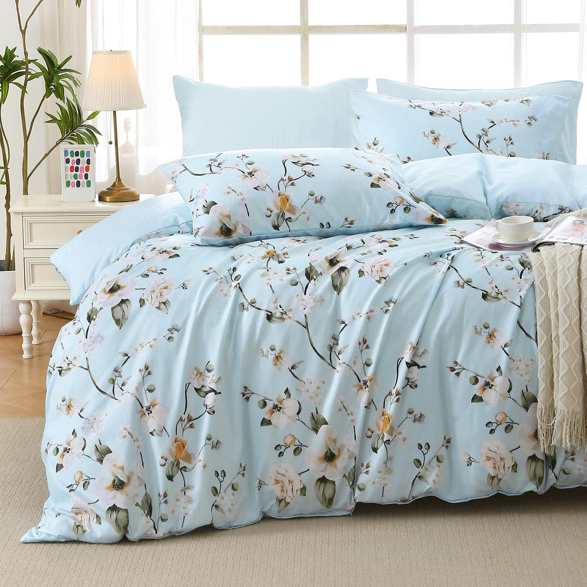 MUXHOMO Sage Green TwinXL Comforter Set, Elegant Floral Print Bed in a Bag 5 Pieces, Ultra Soft & Breathable Reversible Botanical Pattern Bedding Set with Comforter, Sheets, Pillowcase, and Sham