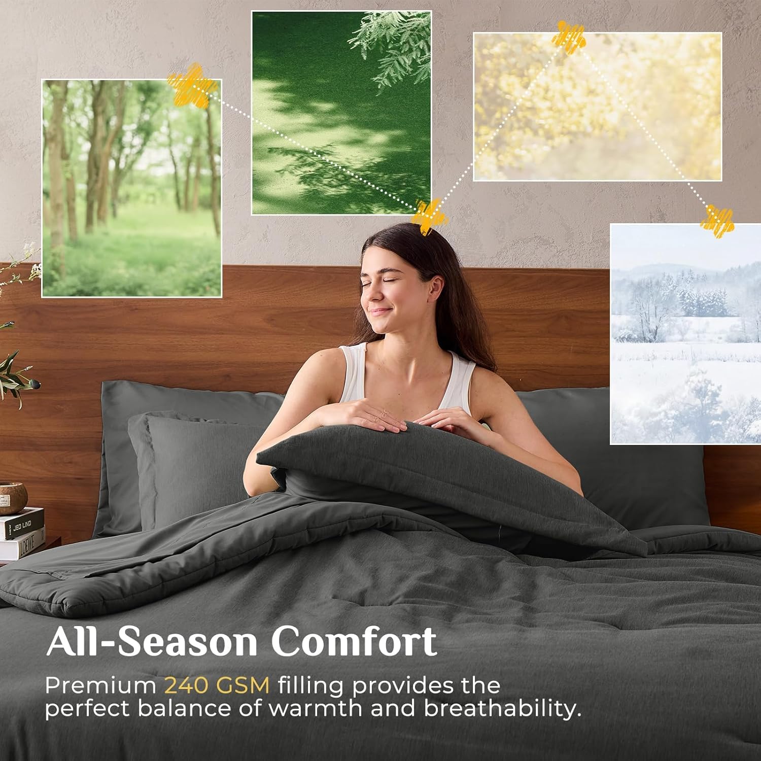 JOLLYVOGUE Queen Comforter Set, Cationic Dyeing Bed in a Bag 7 Pieces, Double-Tone Bedding Set with Down Alternative Comforter, Sheets, Pillowcases & Shams, Dark Grey