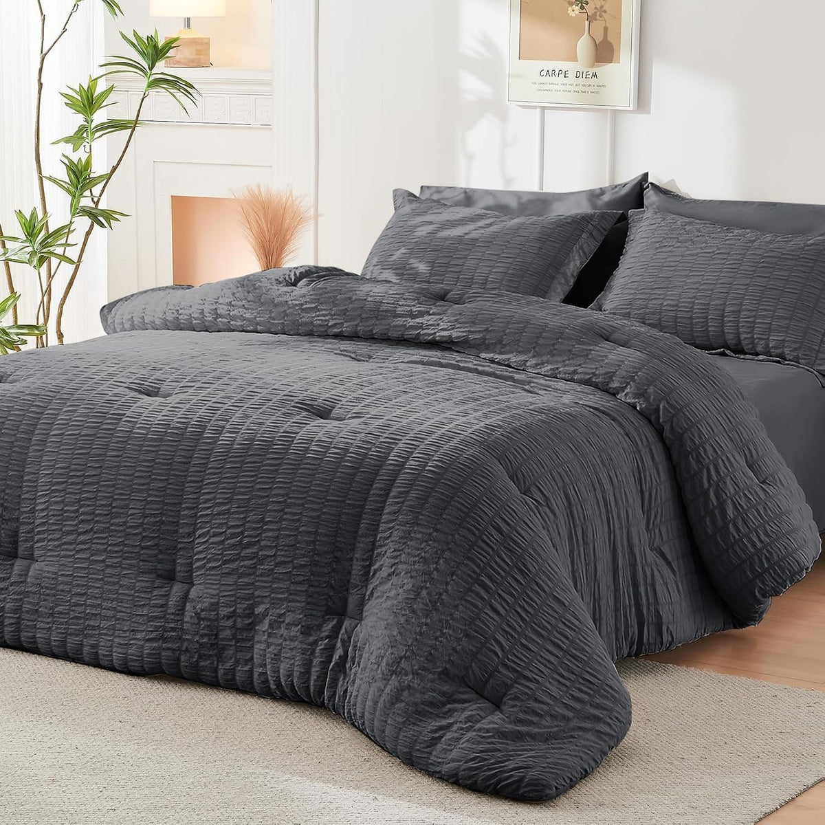 HYMOKEGE Full Size Comforter Sets Seersucker 7 Pieces, All Season Luxury Bed in a Bag for Bedroom, Bedding Set with Comforters, Sheets, Pillowcases & Shams, Dark Grey