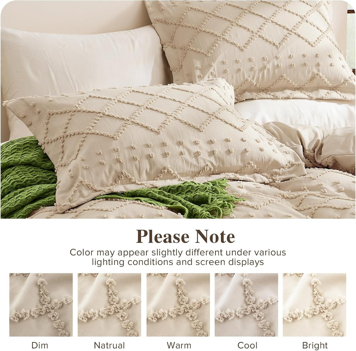 Boho Duvet Cover Set Queen Size, Tufted Embroidery Bedding, 3 PCS, Beige