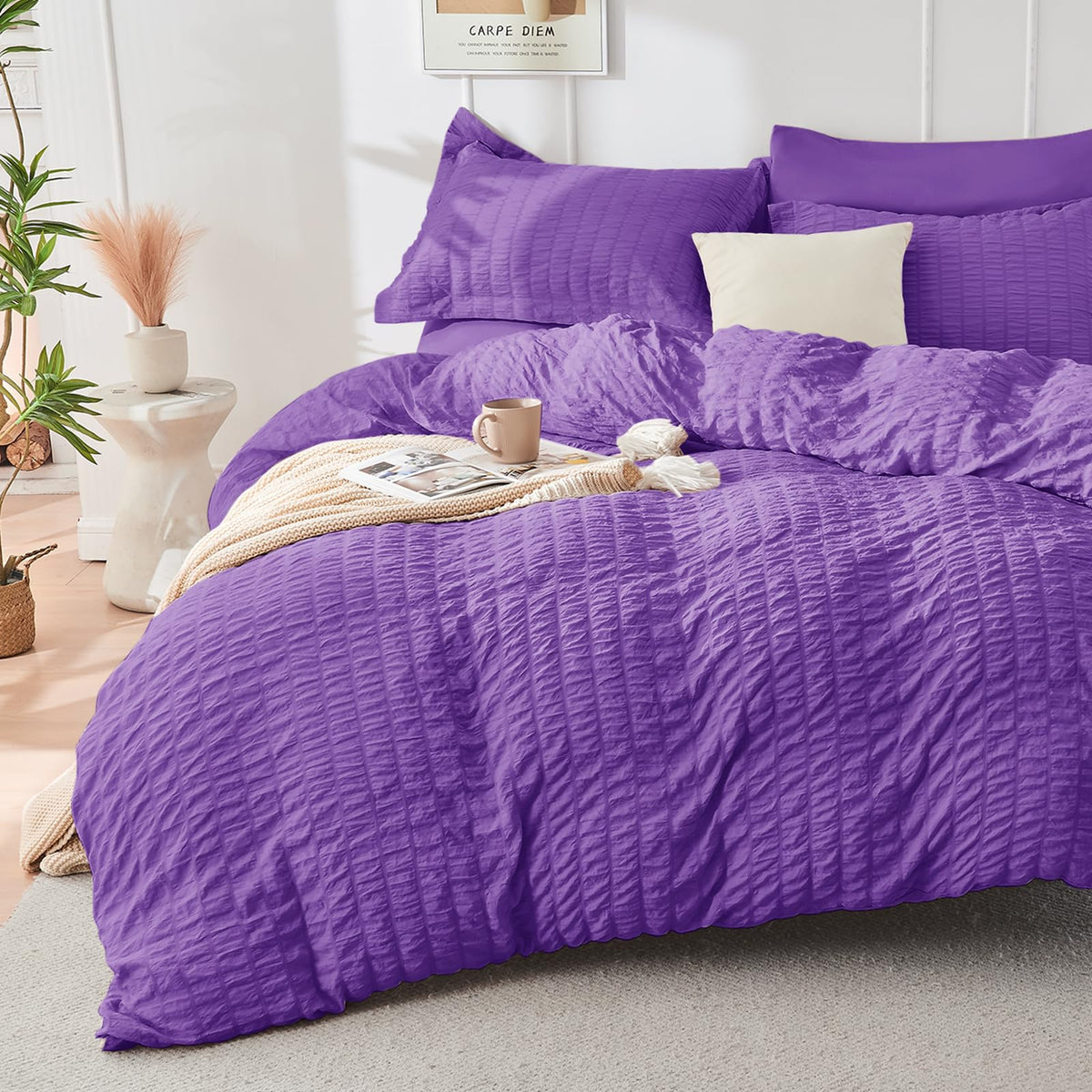Duvet Cover Queen Size, Seersucker Bedding Set, 3 Pieces, Dark Grey