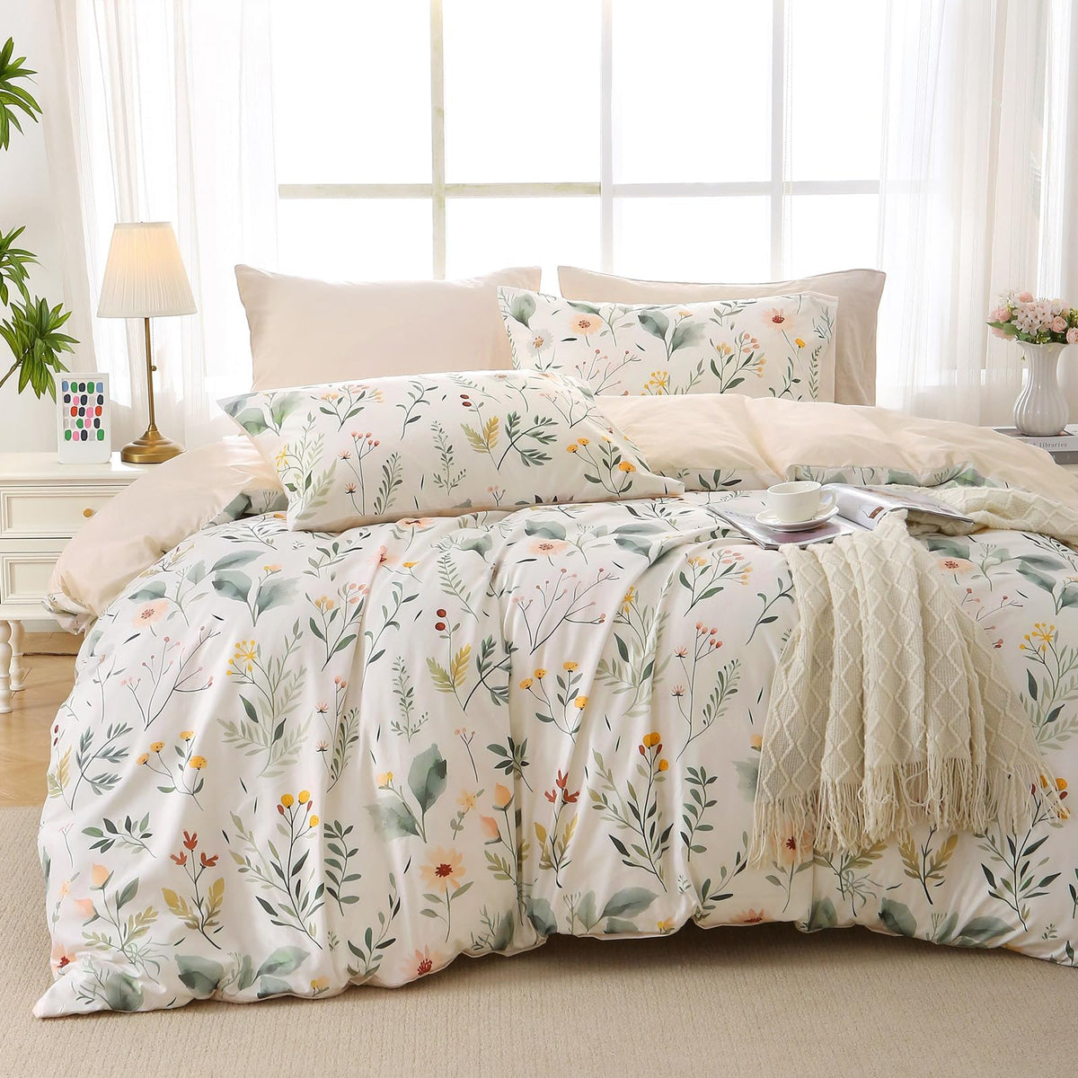 MUXHOMO Duvet Cover Twin/Twin XL Size, 2-Piece Beige Leaves Bedding Set