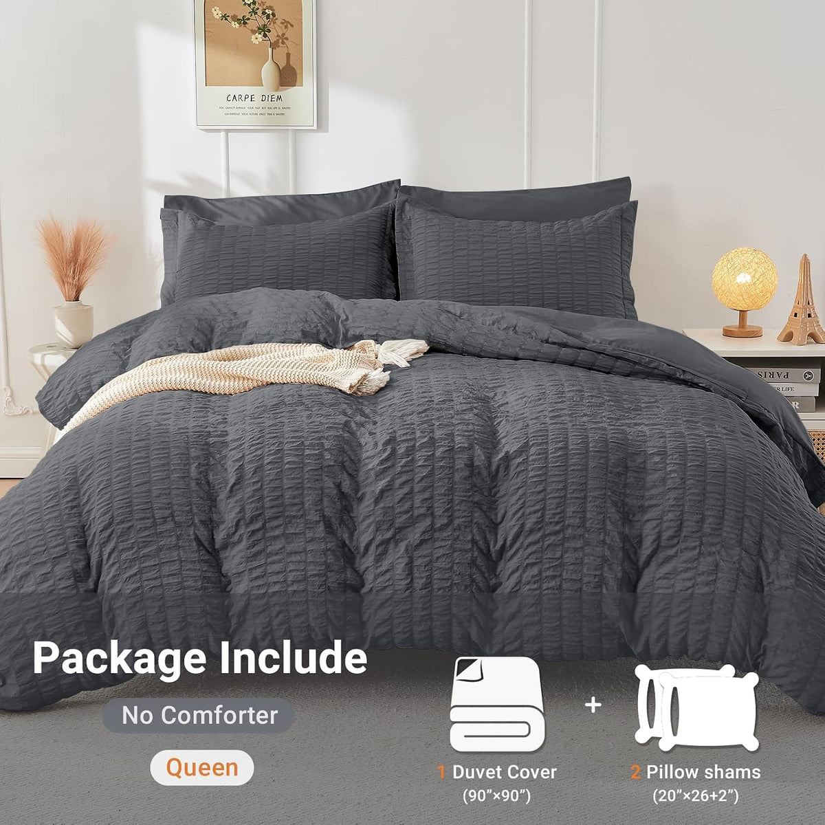 Duvet Cover Queen Size, Seersucker Bedding Set, 3 Pieces, Dark Grey