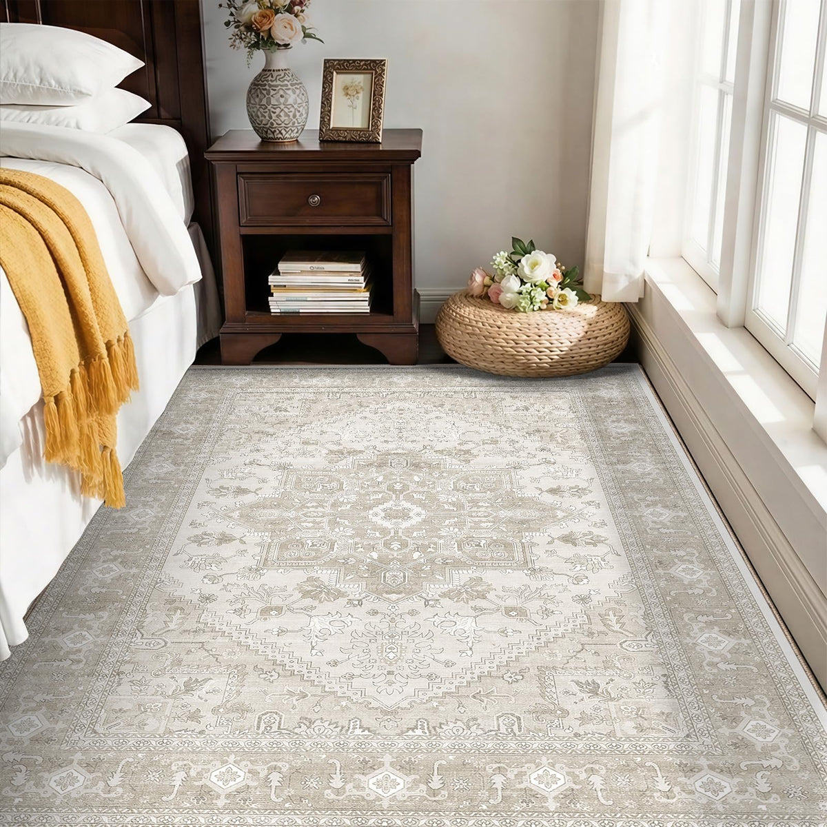 OPPODREAM Soft Area Rugs 5x7, Persian-Inspired Washable Rug, Blue & Gold