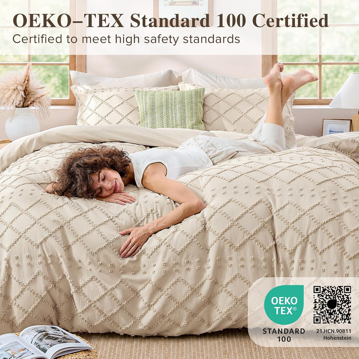 Boho Duvet Cover Set Queen Size, Tufted Embroidery Bedding, 3 PCS, Beige