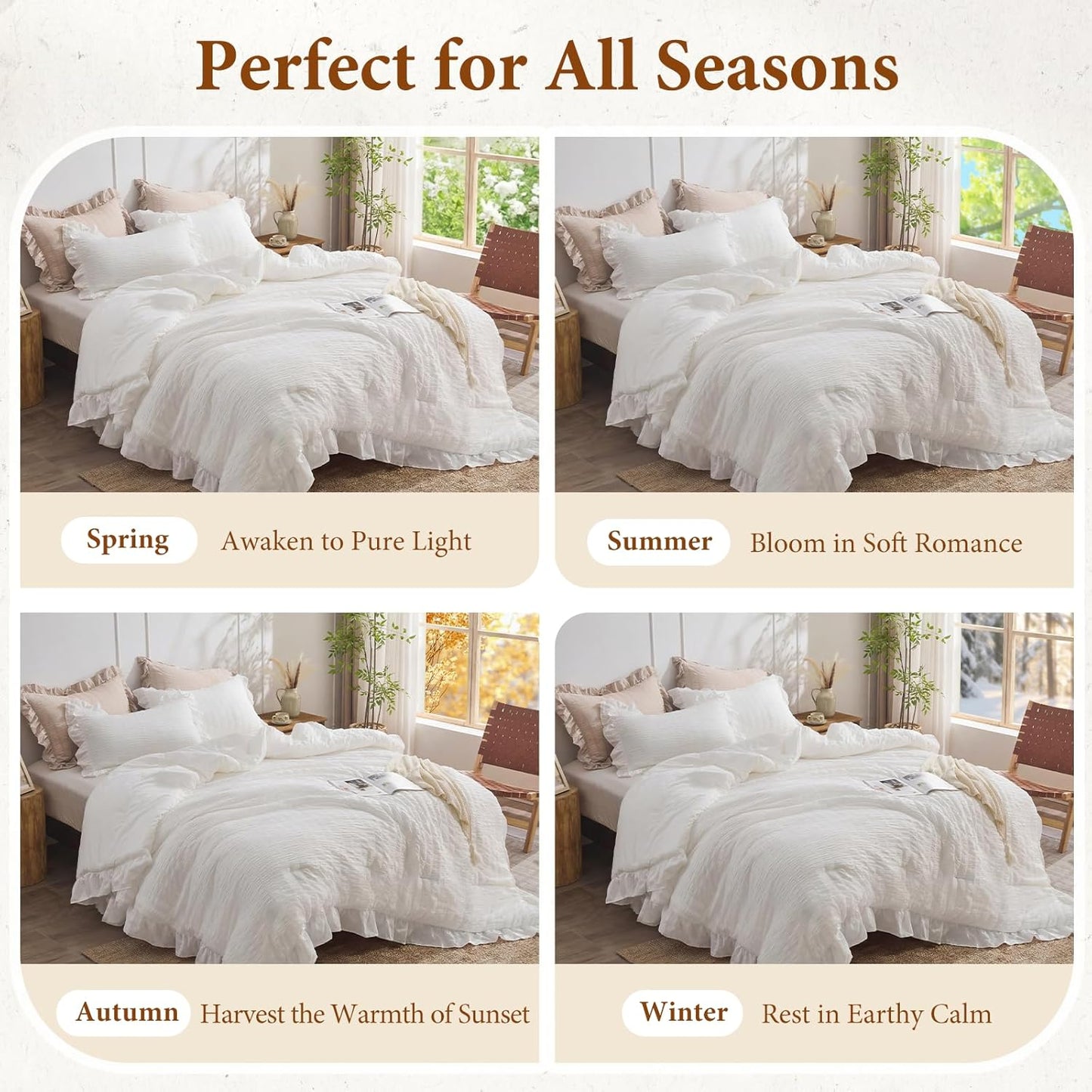 JOLLYVOGUE White Twin Size Comforter Set, 2 Pieces Seersucker Lightweight Fluffy Bedding Set, Twin Ruffle Comforter, All Season Soft Microfiber Shabby Chic Bed Set