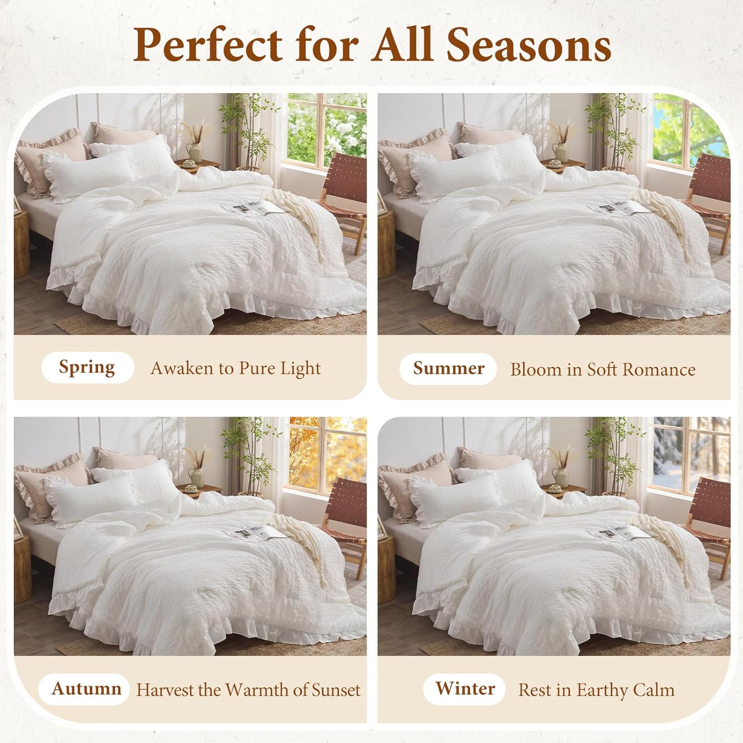 JOLLYVOGUE White Twin Size Comforter Set, 2 Pieces Seersucker Lightweight Fluffy Bedding Set, Twin Ruffle Comforter, All Season Soft Microfiber Shabby Chic Bed Set