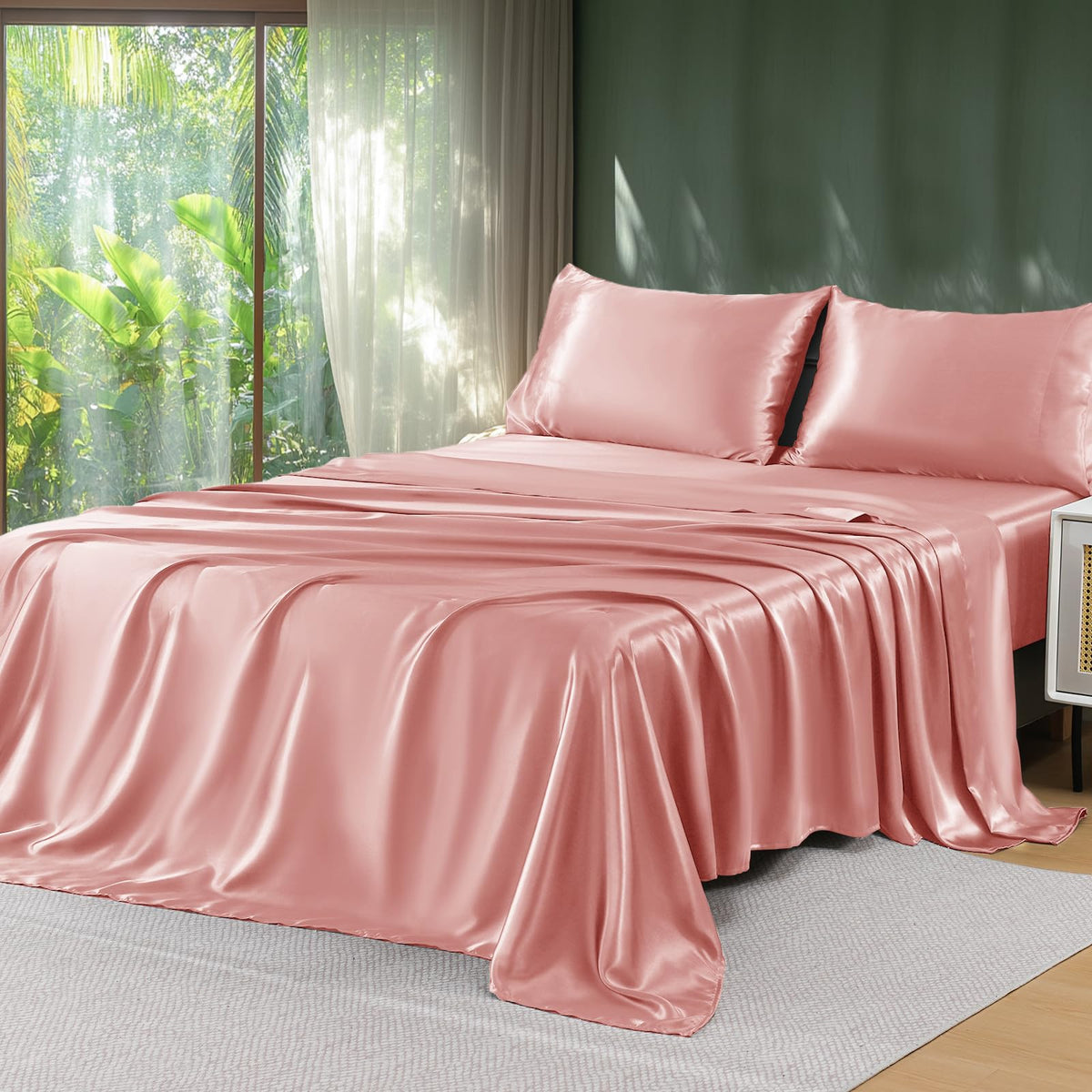 Sasttie Satin Sheets Black Queen Size - 4 Pieces Luxury Soft Black Silky Bed Sheets Set with Pillowcases - Smooth Silk-Like Satin Fwabric, Reinforced 14 Inches Pocket, Oeko-Tex Certified