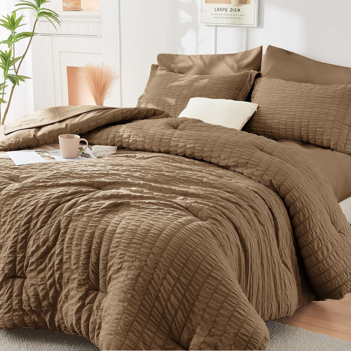 HYMOKEGE Full Size Comforter Sets Seersucker 7 Pieces, All Season Luxury Bed in a Bag for Bedroom, Bedding Set with Comforters, Sheets, Pillowcases & Shams, Dark Grey