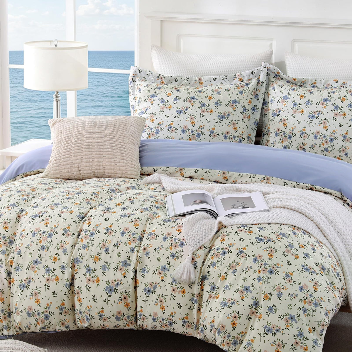 JOLLYVOGUE Floral Duvet Cover Full, 3Pcs Reversible Beige Duvet Cover Set