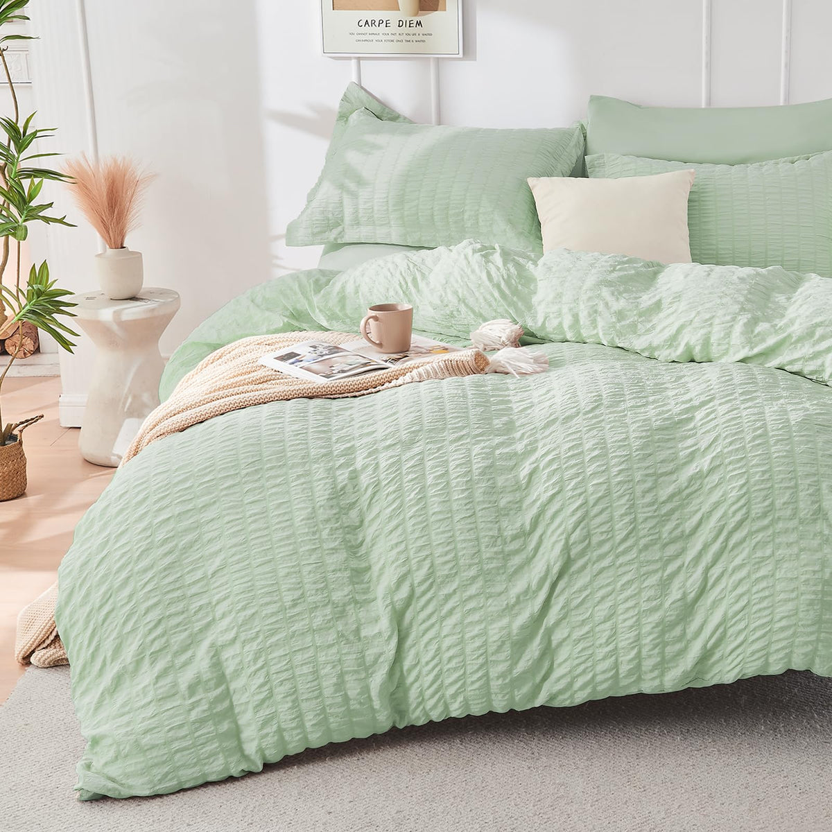 Duvet Cover Queen Size, Seersucker Bedding Set, 3 Pieces, Dark Grey