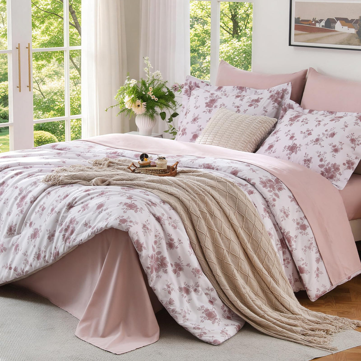 MUXHOMO Twin XL Comforter Set, 7-Piece Floral Bed in a Bag, Sage Green
