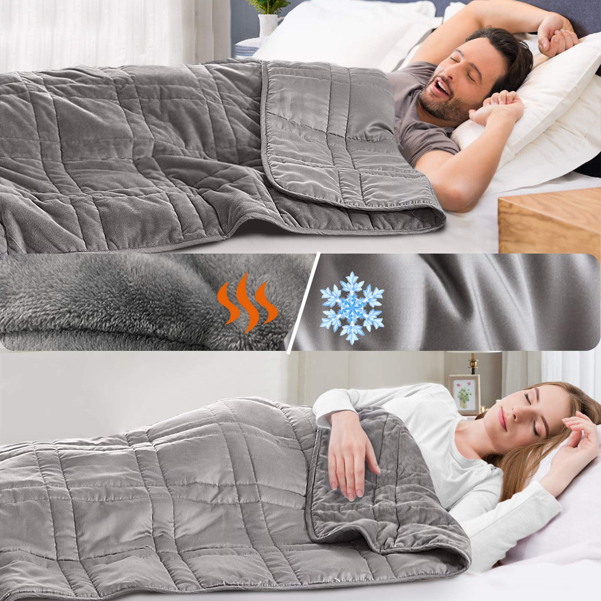 Reversible Weighted Blanket 48''x72'' 15lbs for Adults, Warm Short Plush and Cool Tencel Fabric Double-Sided Weighted Blanket for All Season Use - Carry Bag Included