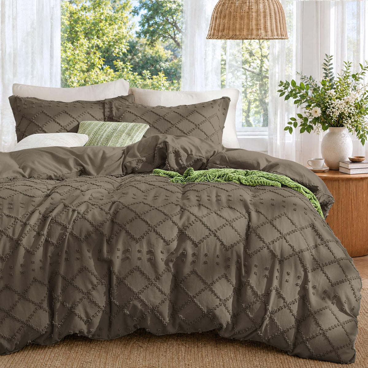 Boho Duvet Cover Set Queen Size, Tufted Embroidery Bedding, 3 PCS, Beige