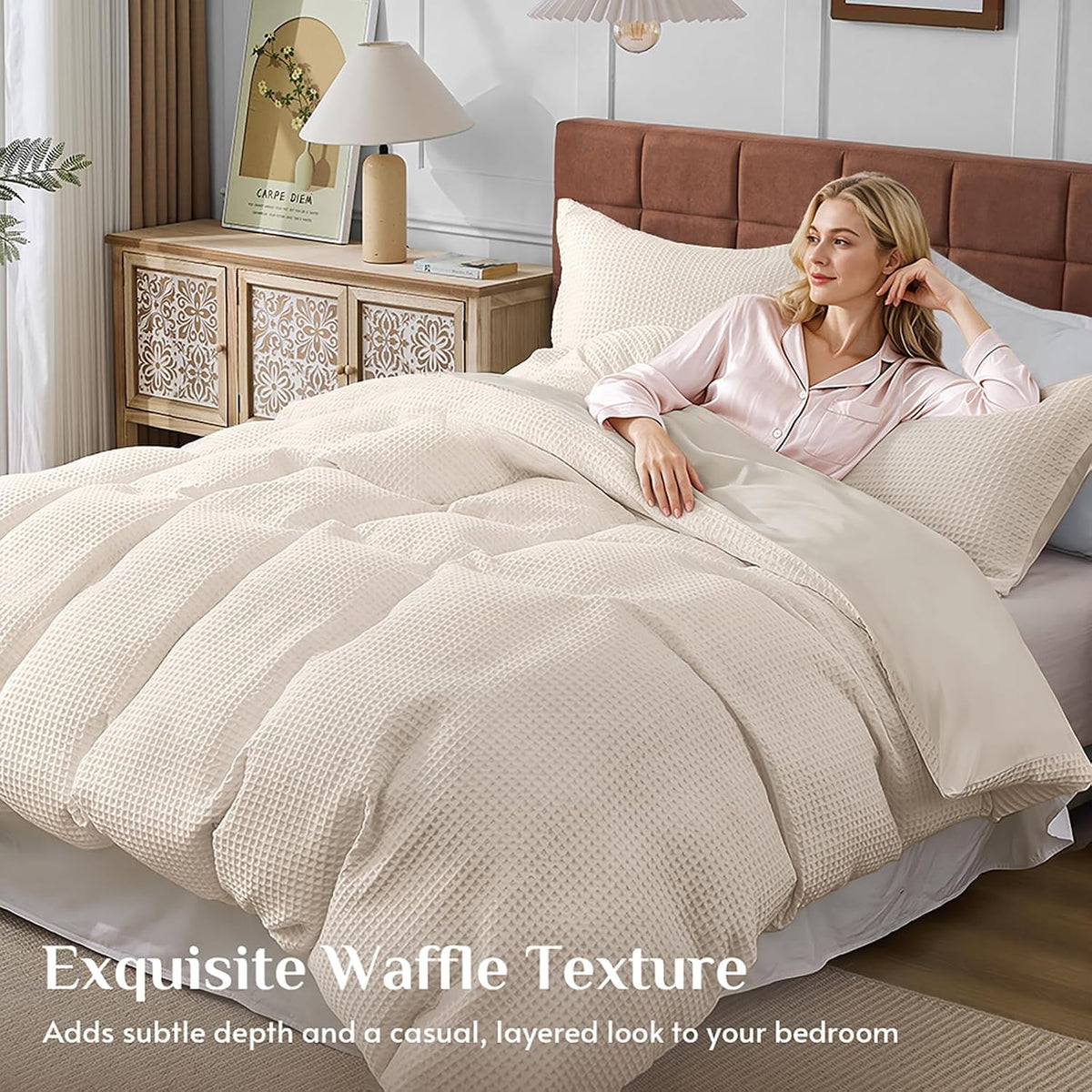JOLLYVOGUE Waffle Wave Duvet Cover Set Queen Size, 3-Piece, Beige