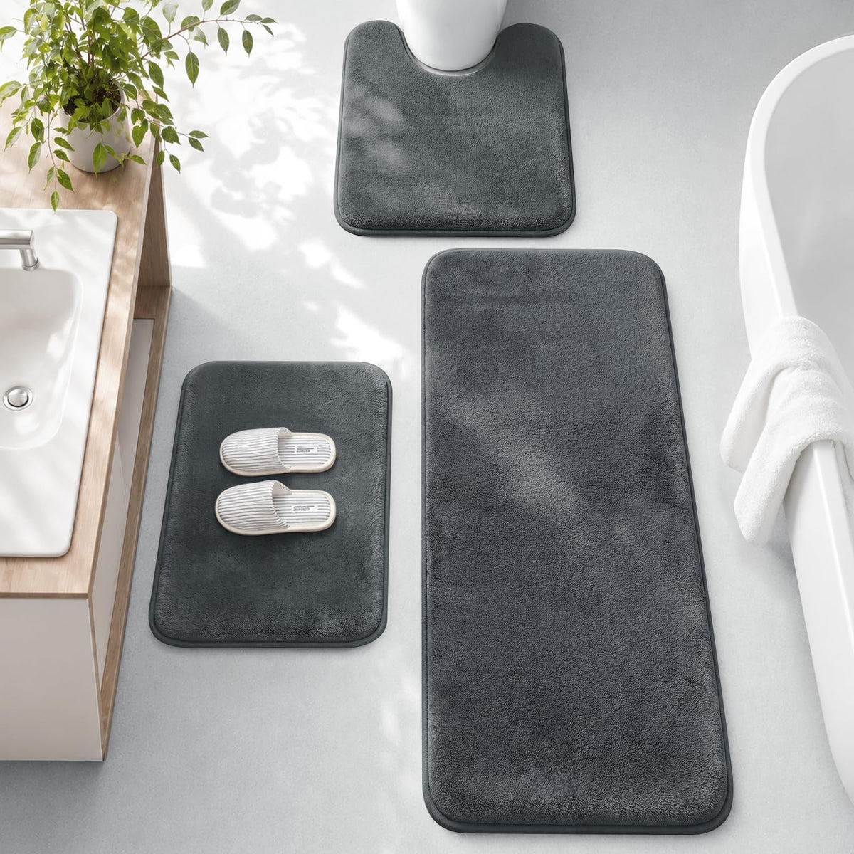HUXMEYSON 3-Piece Memory Foam Bathroom Rug Set, Black