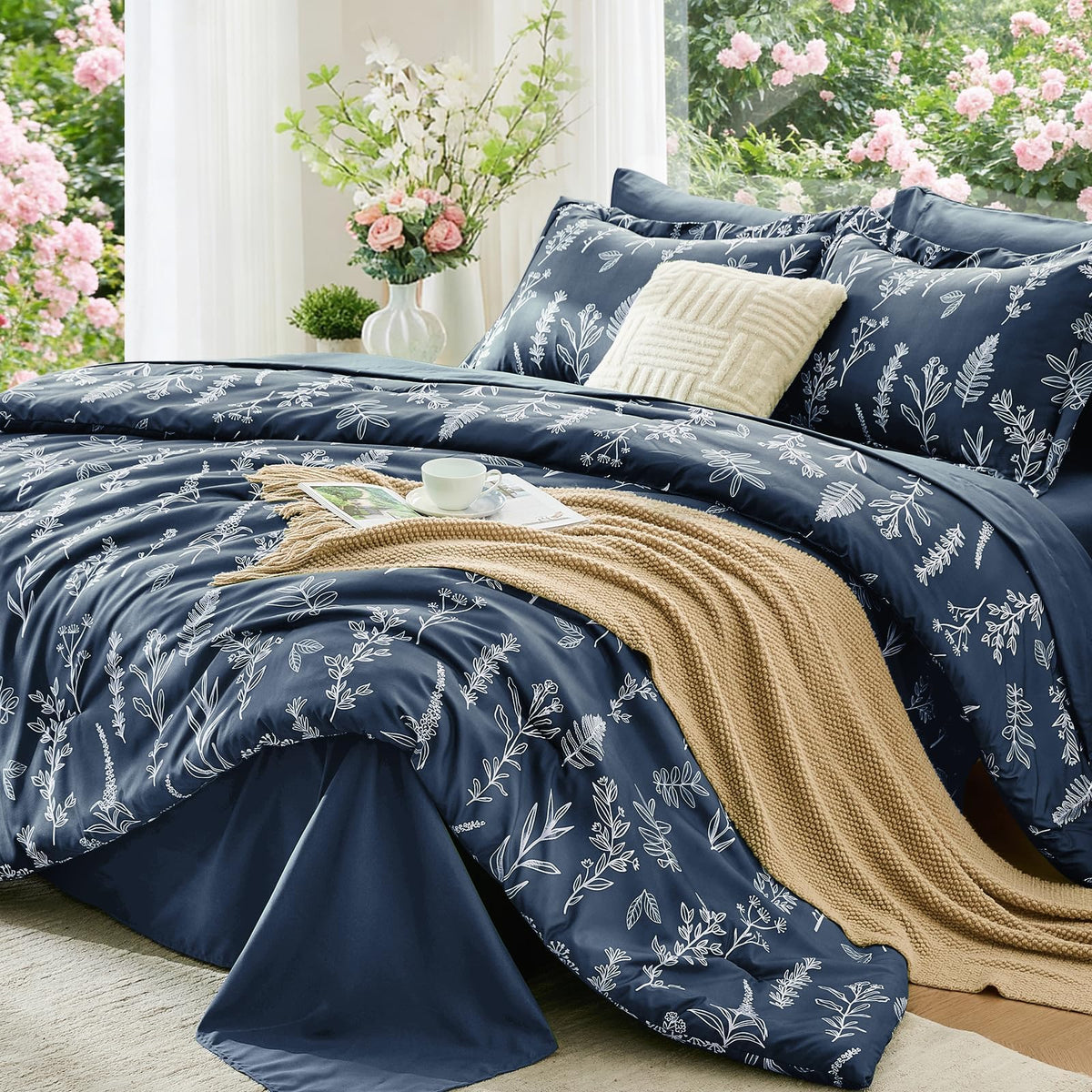 MUXHOMO Sage Green TwinXL Comforter Set, Elegant Floral Print Bed in a Bag 5 Pieces, Ultra Soft & Breathable Reversible Botanical Pattern Bedding Set with Comforter, Sheets, Pillowcase, and Sham