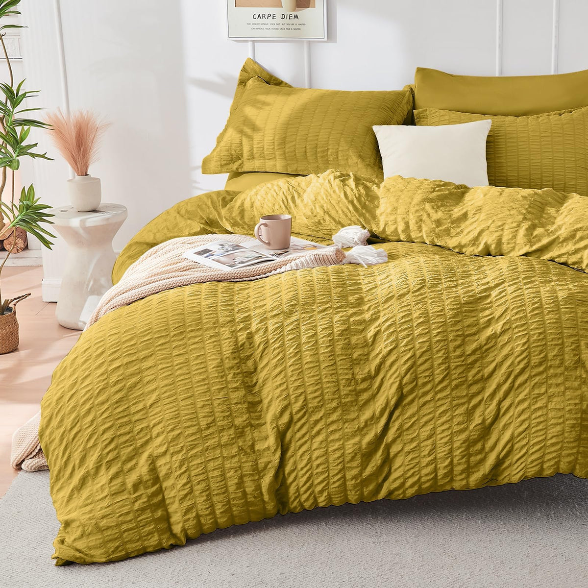 Duvet Cover Queen Size, Seersucker Bedding Set, 3 Pieces, Dark Grey