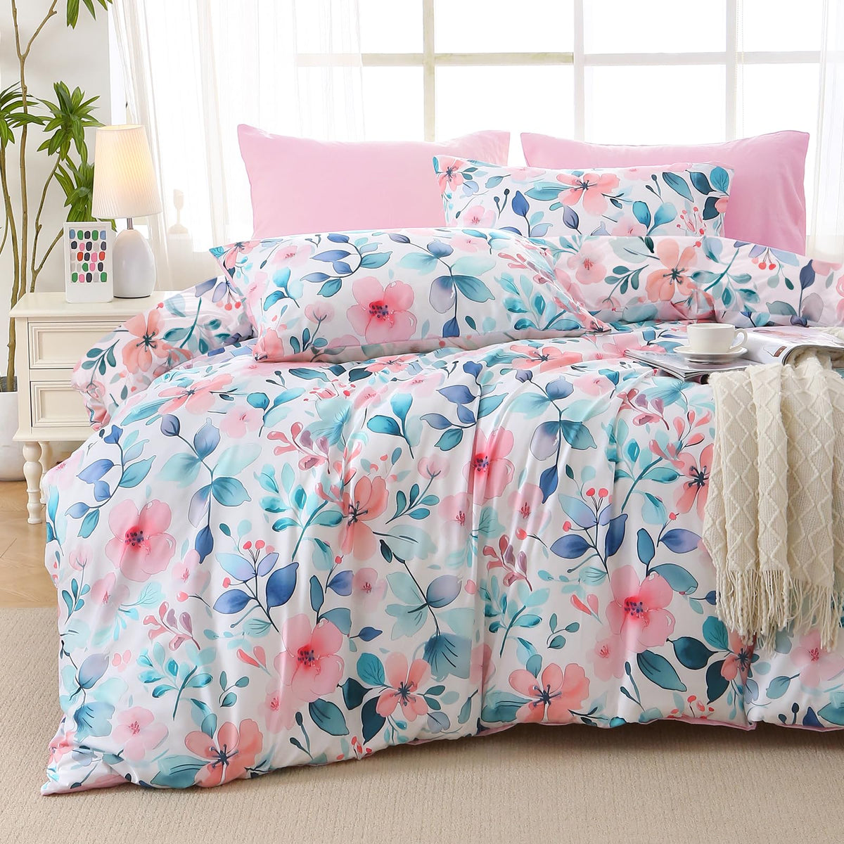 MUXHOMO Sage Green TwinXL Comforter Set, Elegant Floral Print Bed in a Bag 5 Pieces, Ultra Soft & Breathable Reversible Botanical Pattern Bedding Set with Comforter, Sheets, Pillowcase, and Sham