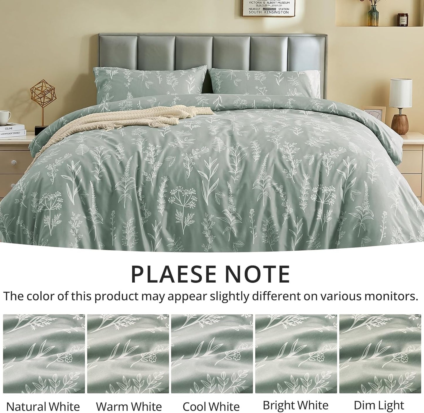 Jollyvogue Duvet Cover Queen Size, Reversible Floral Green Duvet Cover Set with Zipper Closure