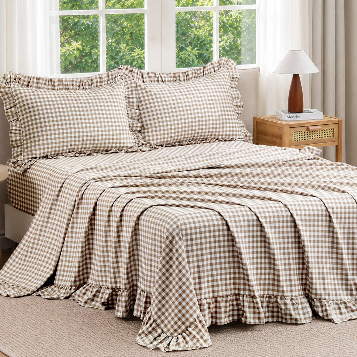 JOLLYVOGUE Beige Gingham Sheet Set Full, 4-Piece Ruffle Bedding