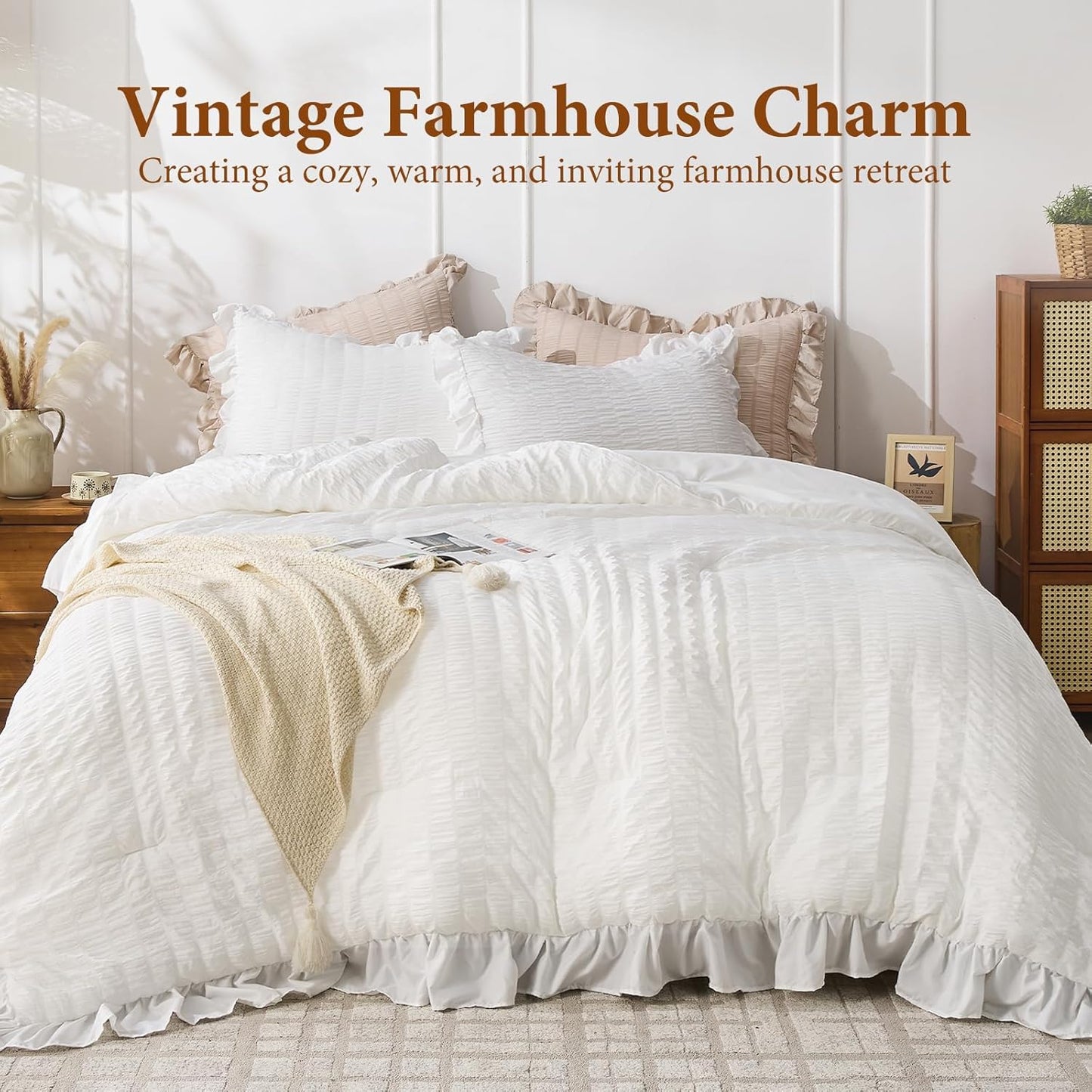 JOLLYVOGUE White Twin Size Comforter Set, 2 Pieces Seersucker Lightweight Fluffy Bedding Set, Twin Ruffle Comforter, All Season Soft Microfiber Shabby Chic Bed Set