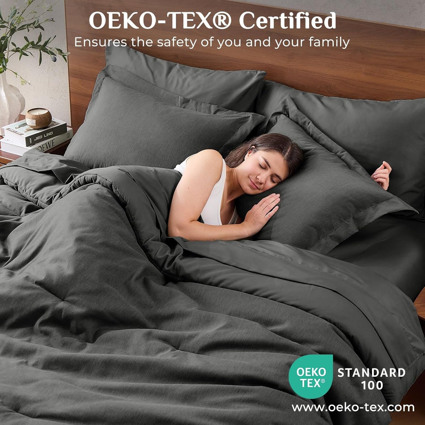 JOLLYVOGUE Queen Comforter Set, Cationic Dyeing Bed in a Bag 7 Pieces, Double-Tone Bedding Set with Down Alternative Comforter, Sheets, Pillowcases & Shams, Dark Grey
