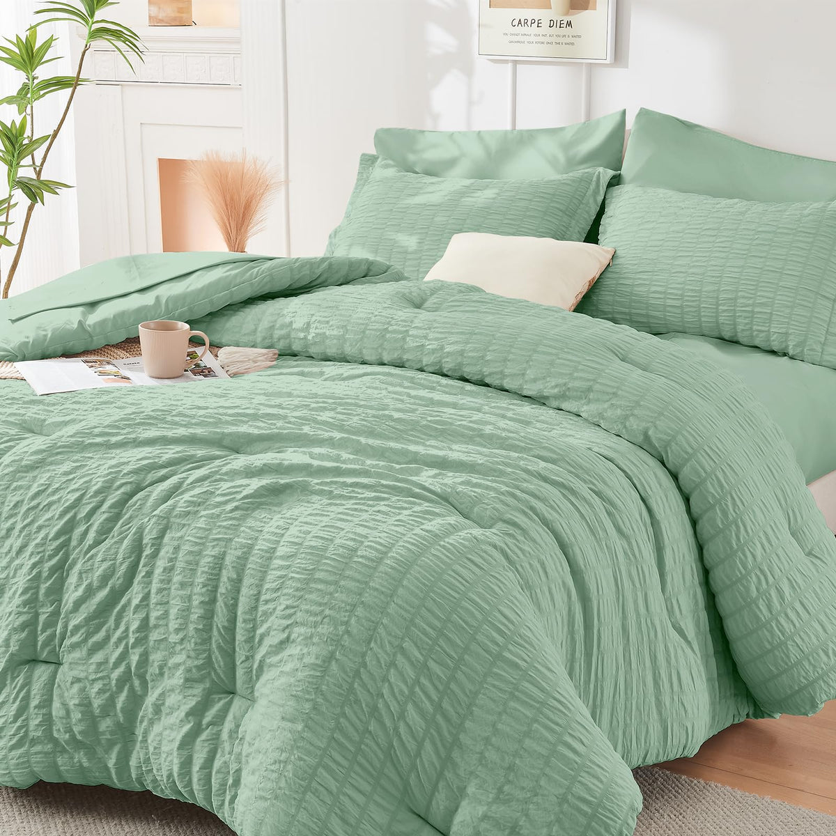 HYMOKEGE Full Size Comforter Sets Seersucker 7 Pieces, All Season Luxury Bed in a Bag for Bedroom, Bedding Set with Comforters, Sheets, Pillowcases & Shams, Dark Grey