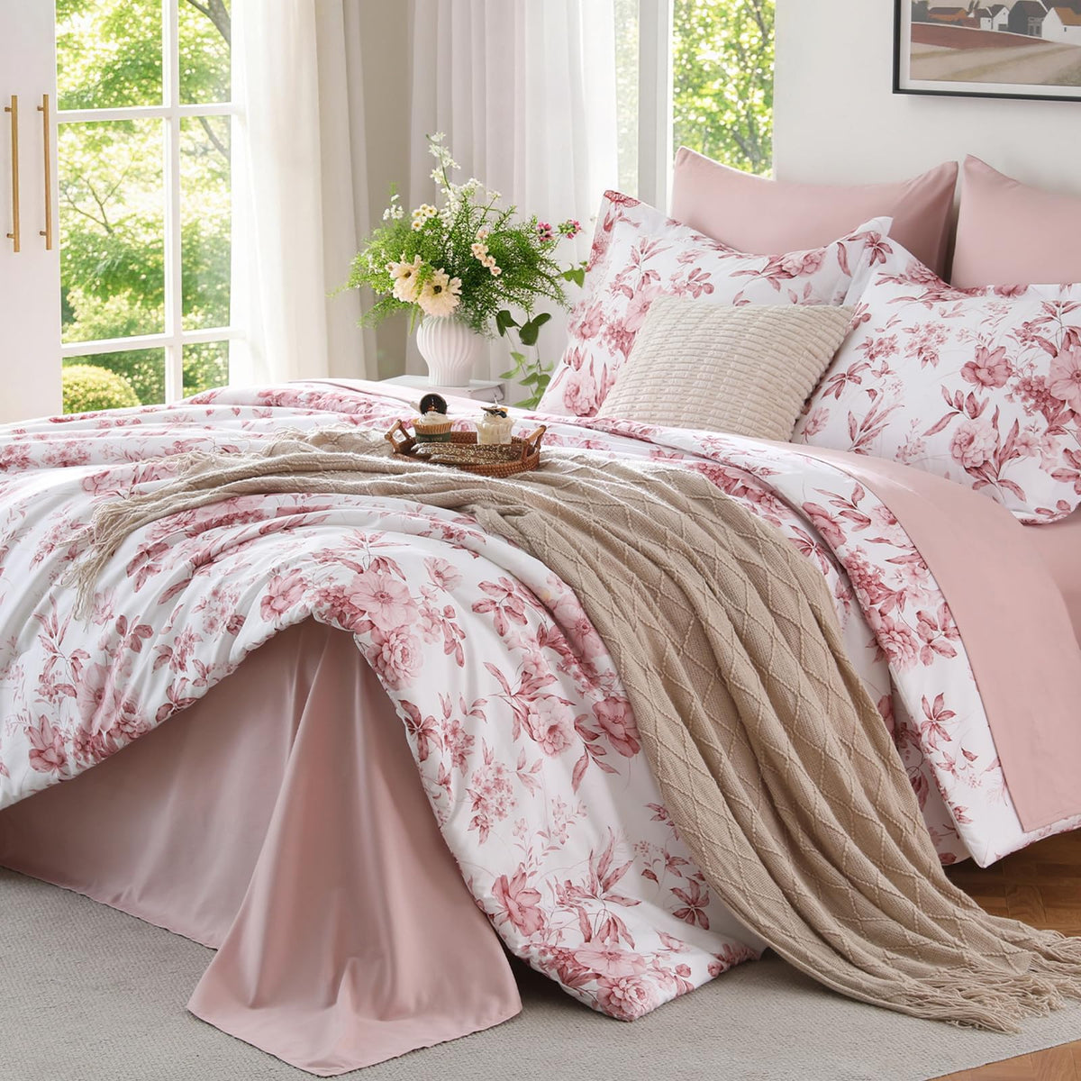 MUXHOMO Twin XL Comforter Set, 7-Piece Floral Bed in a Bag, Sage Green