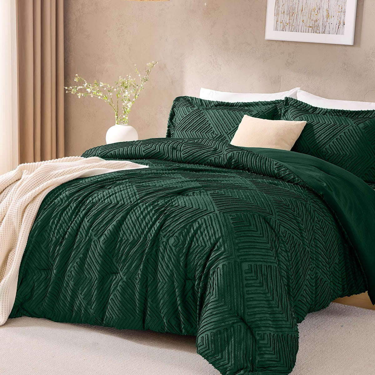 JOLLYVOGUE Twin/Twin XL Comforter Set, Boho Tufted 2PCS Bed Set, Green