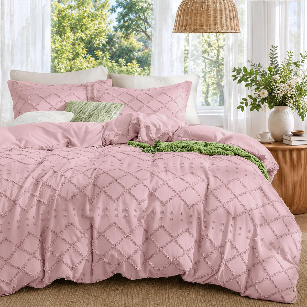 Boho Duvet Cover Set Queen Size, Tufted Embroidery Bedding, 3 PCS, Beige